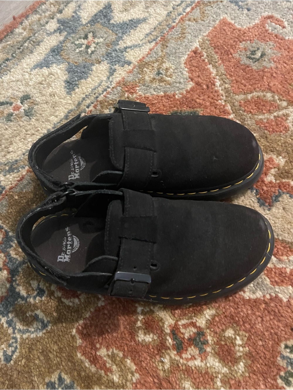 Dr. Martens women’s Black Suede Strap Sandals with Yellow Stitching